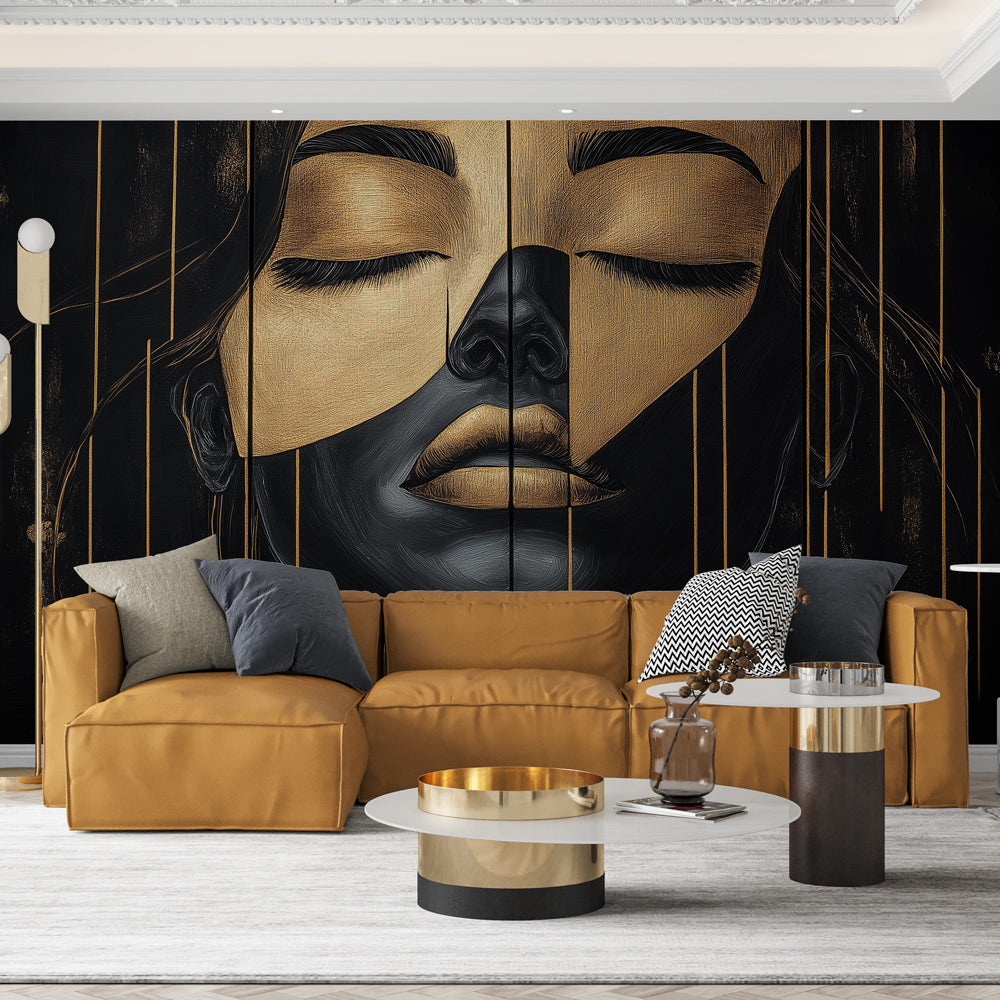 Black and gold abstract portrait wallpaper creating drama in a modern living room with high ceilings