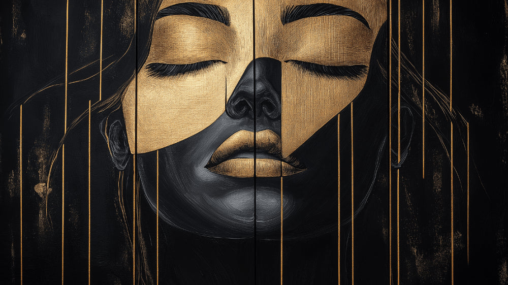 Black and gold abstract portrait design file showing intricate metallic details and patterns