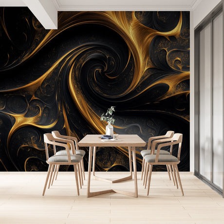 Black and gold spiral abstract wallpaper in modern dining room with dramatic lighting and minimalist furniture