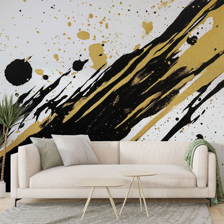 Black and gold abstract splash wallpaper creating drama in a modern living room with high ceilings
