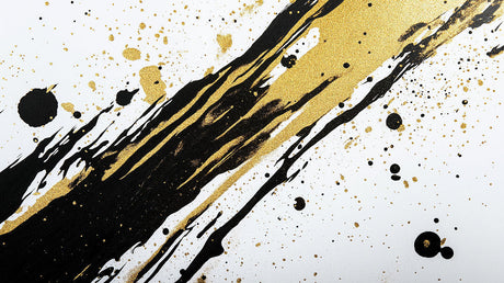 Black and gold abstract splash wallpaper design file showing dynamic paint strokes and metallic details