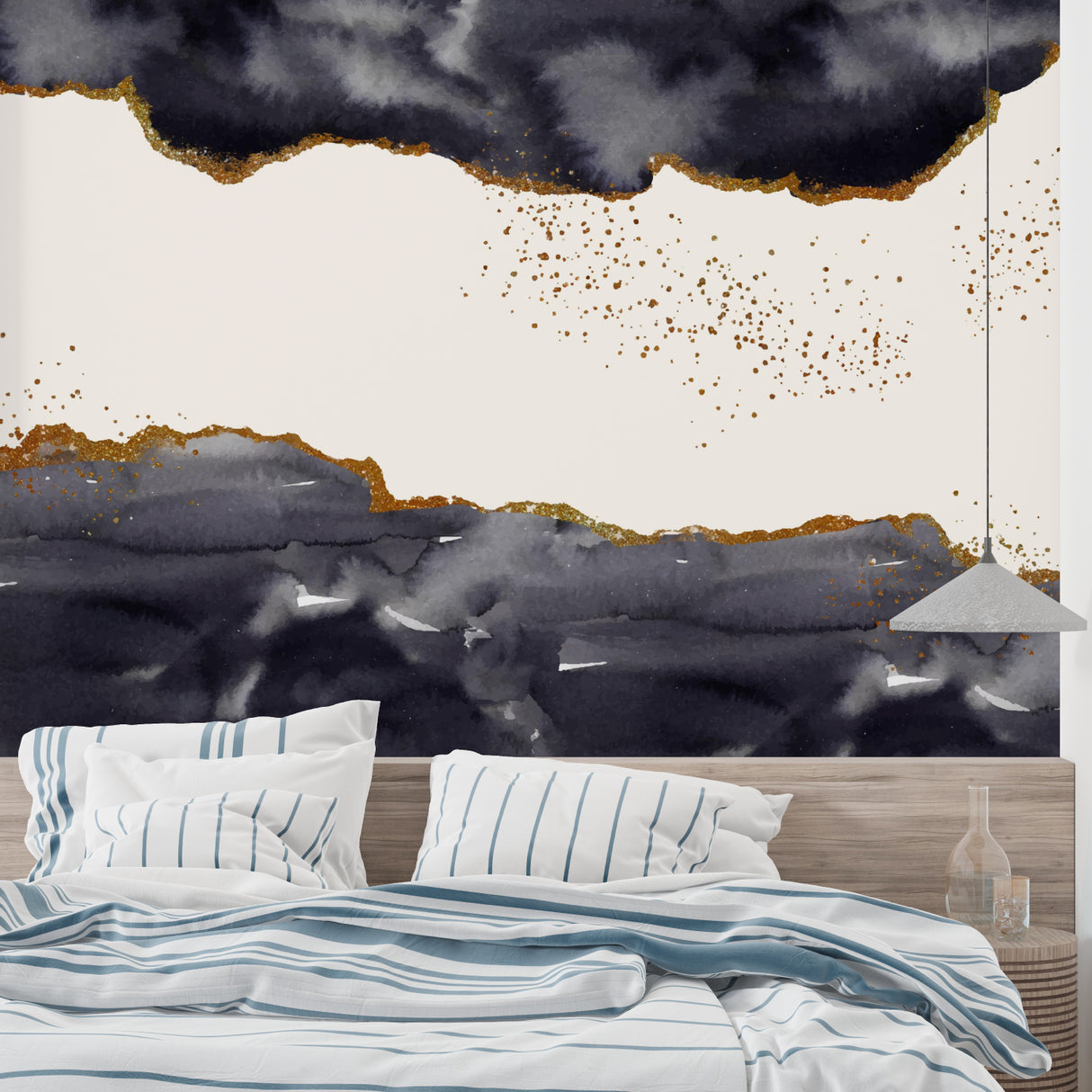 Black and gold abstract storm wallpaper in modern living room setting with minimal furniture