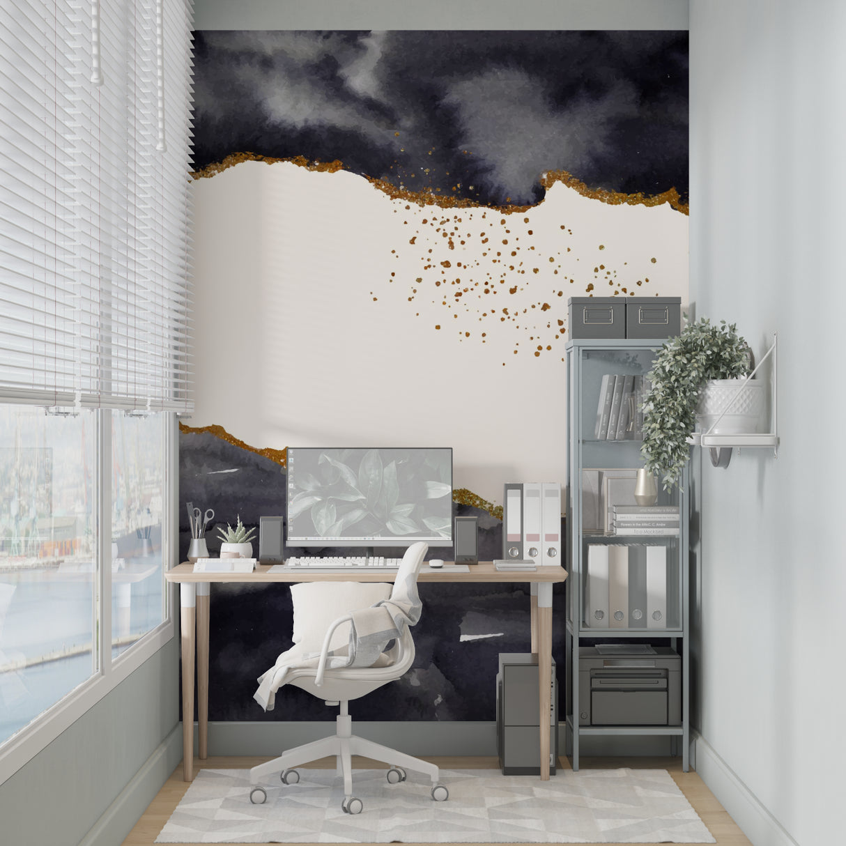 Abstract storm wall mural creating drama in master bedroom with gold accents