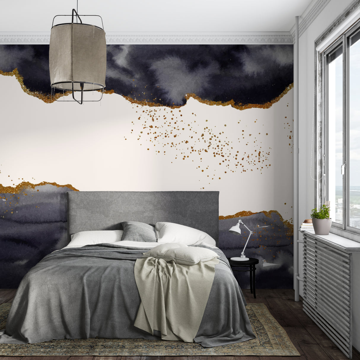 Luxury black and gold abstract wallpaper in home office with modern desk setup