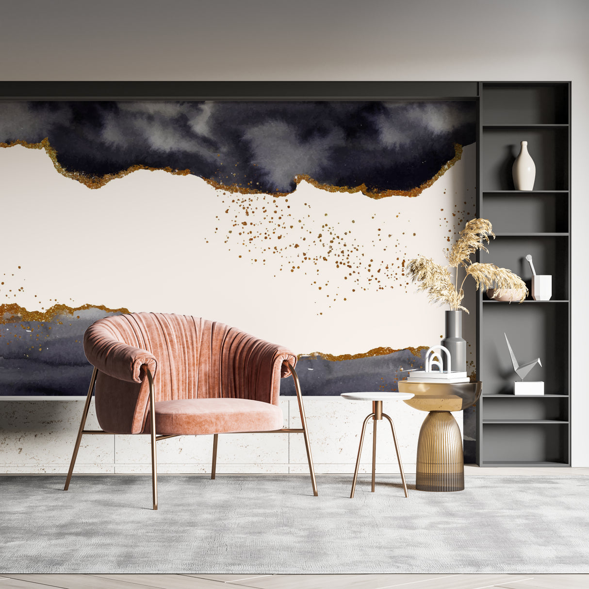 Black and gold abstract mural displayed in hallway with art gallery feel