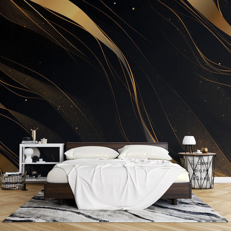Modern black and gold abstract wallpaper creating a stunning focal point in a minimalist living room with tall windows