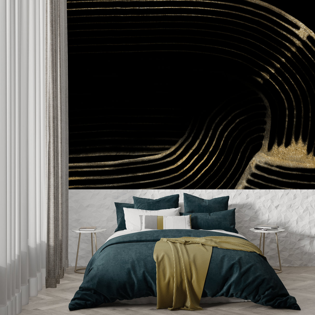 Black and gold abstract wallpaper creating drama in a modern living room with minimal furniture