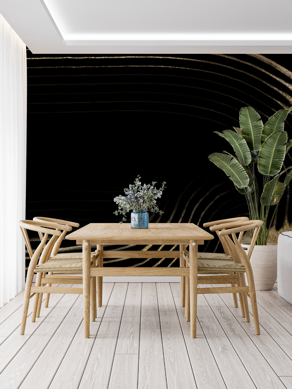 Abstract wave pattern mural in a luxury master bedroom setting