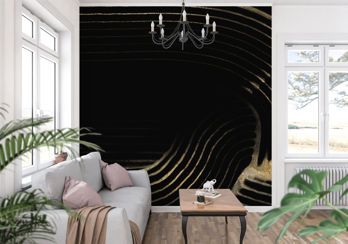 Gold geometric wallpaper making a statement in an upscale dining room