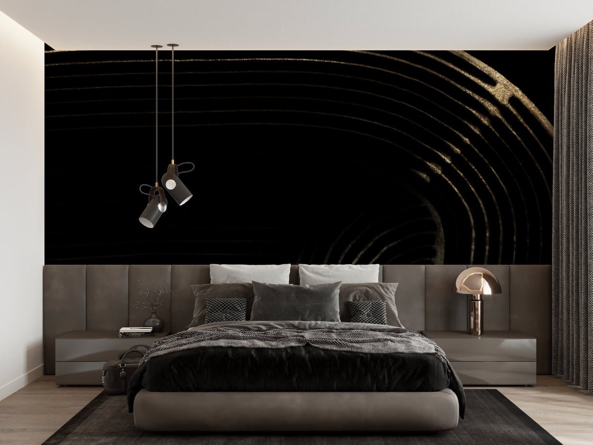 Modern black and gold wall mural in a contemporary home office space