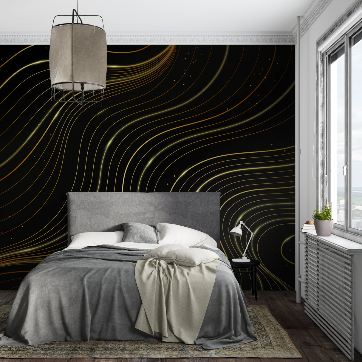 Black and gold wave wallpaper creating drama in modern living room with grey sofa