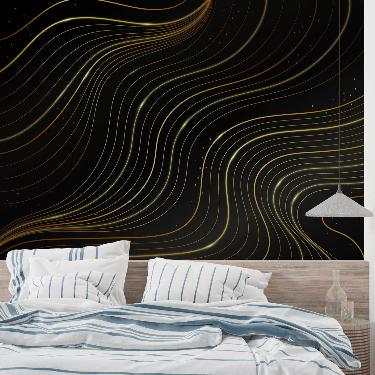 Abstract black and gold wall mural lighting up dining room space