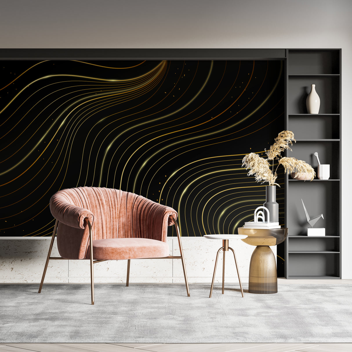 Modern office space featuring black and gold wave pattern wall