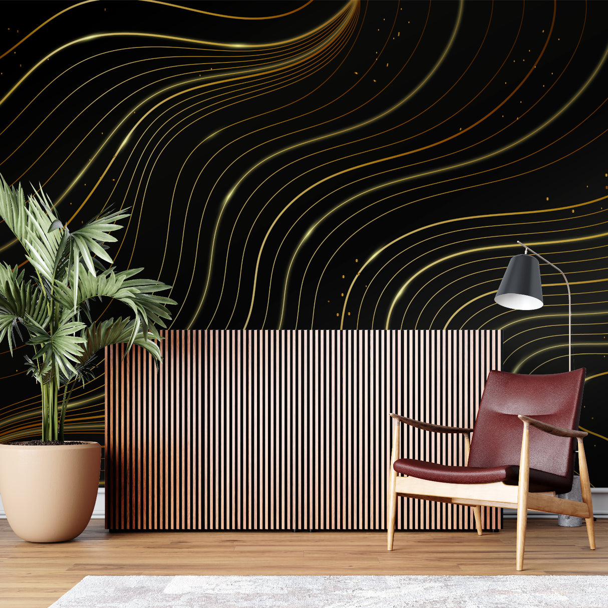 Black and gold abstract wallpaper in upscale hotel lobby setting