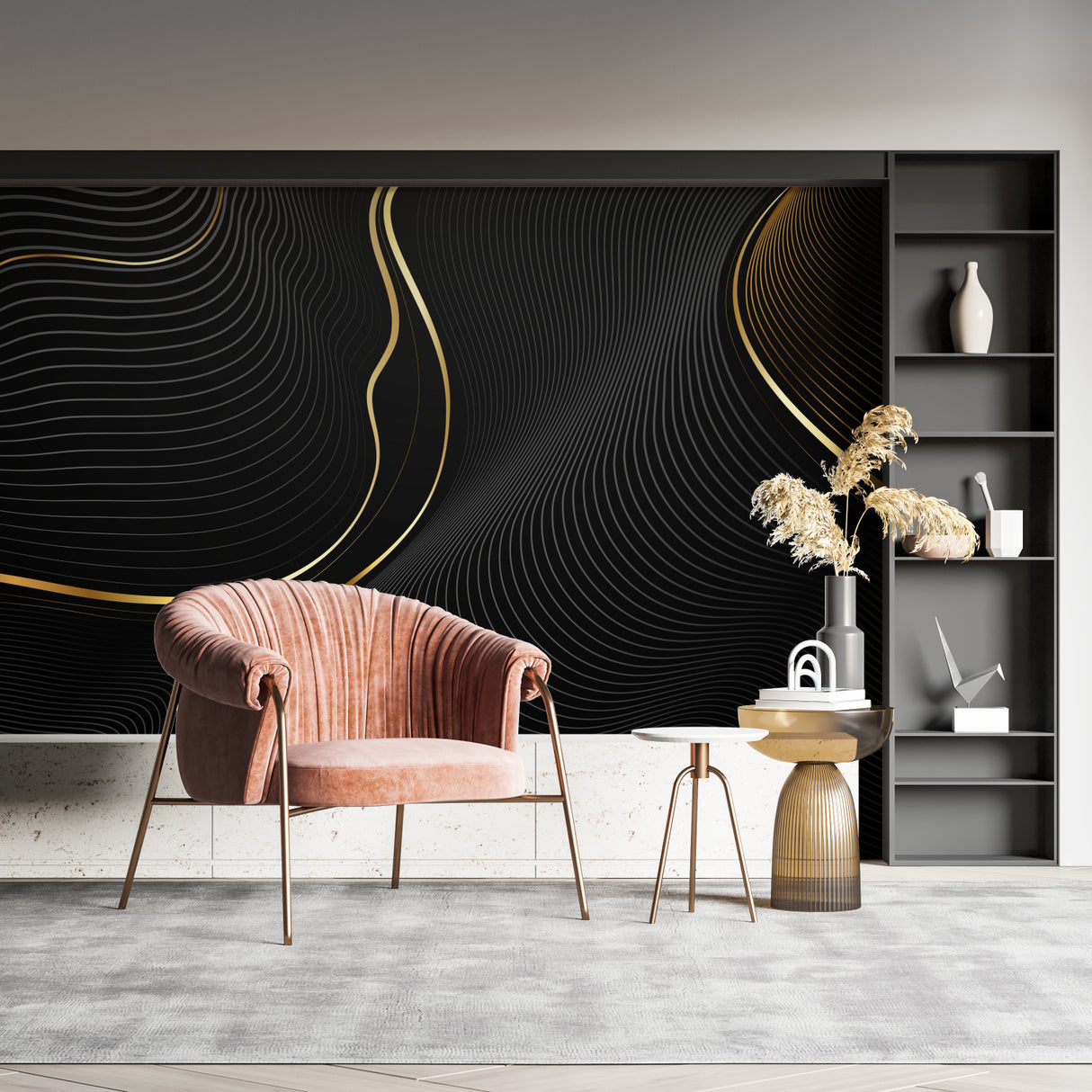 Black and gold wave wallpaper in modern living room creating dramatic accent wall