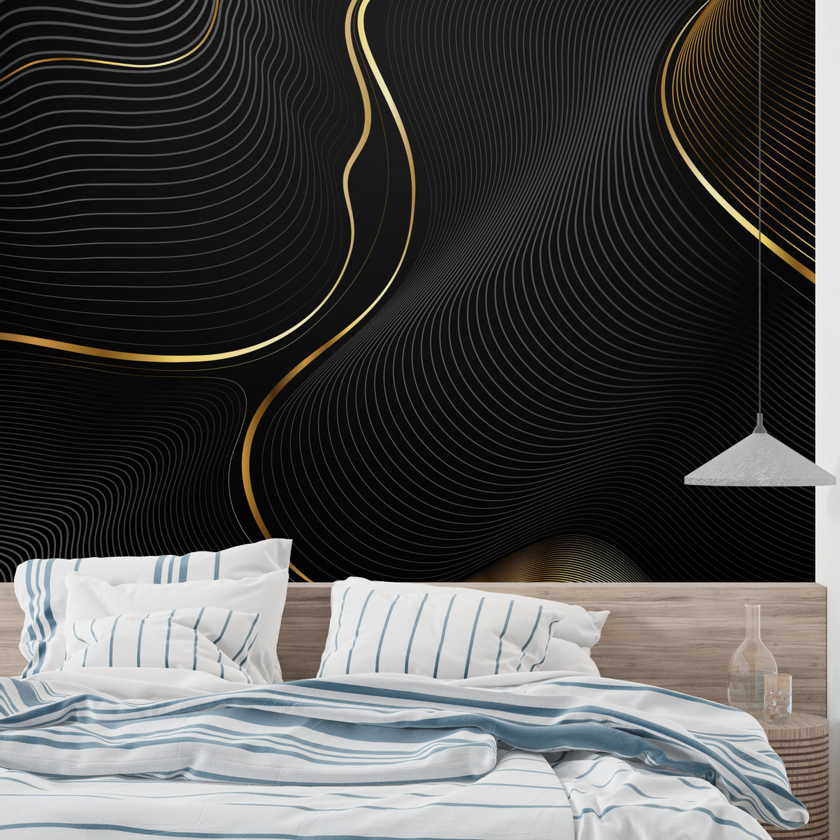 Abstract wave pattern mural in luxury dining room with gold accents