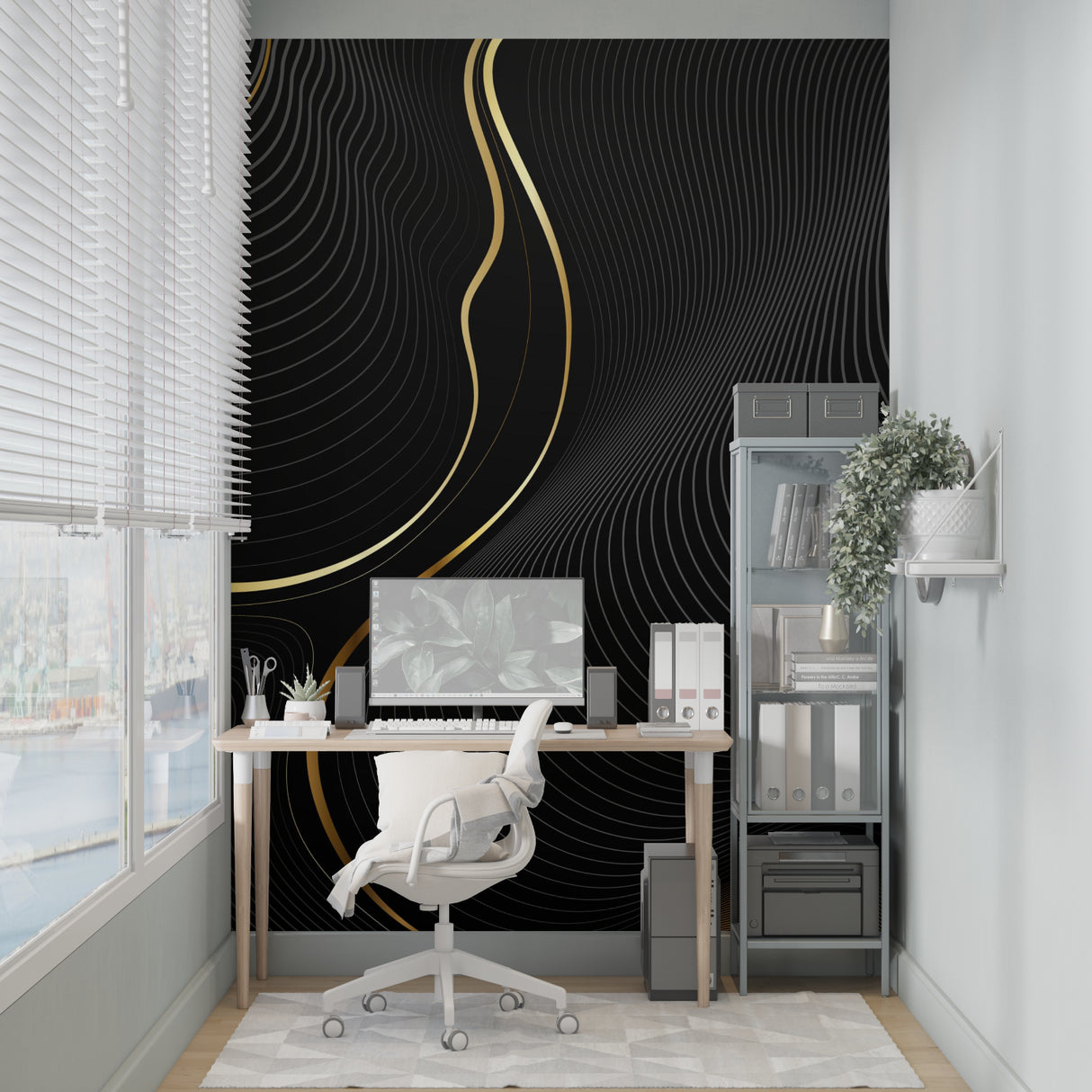 Black and gold abstract wallpaper in master bedroom showing flowing lines