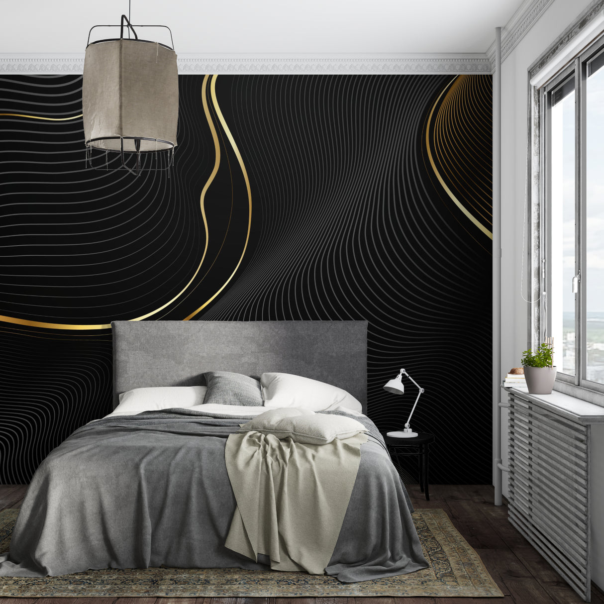 Modern wave pattern wall mural in office space with minimal furniture