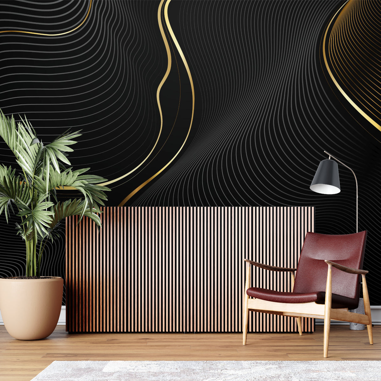Abstract black and gold wallpaper in hotel lobby showing scale