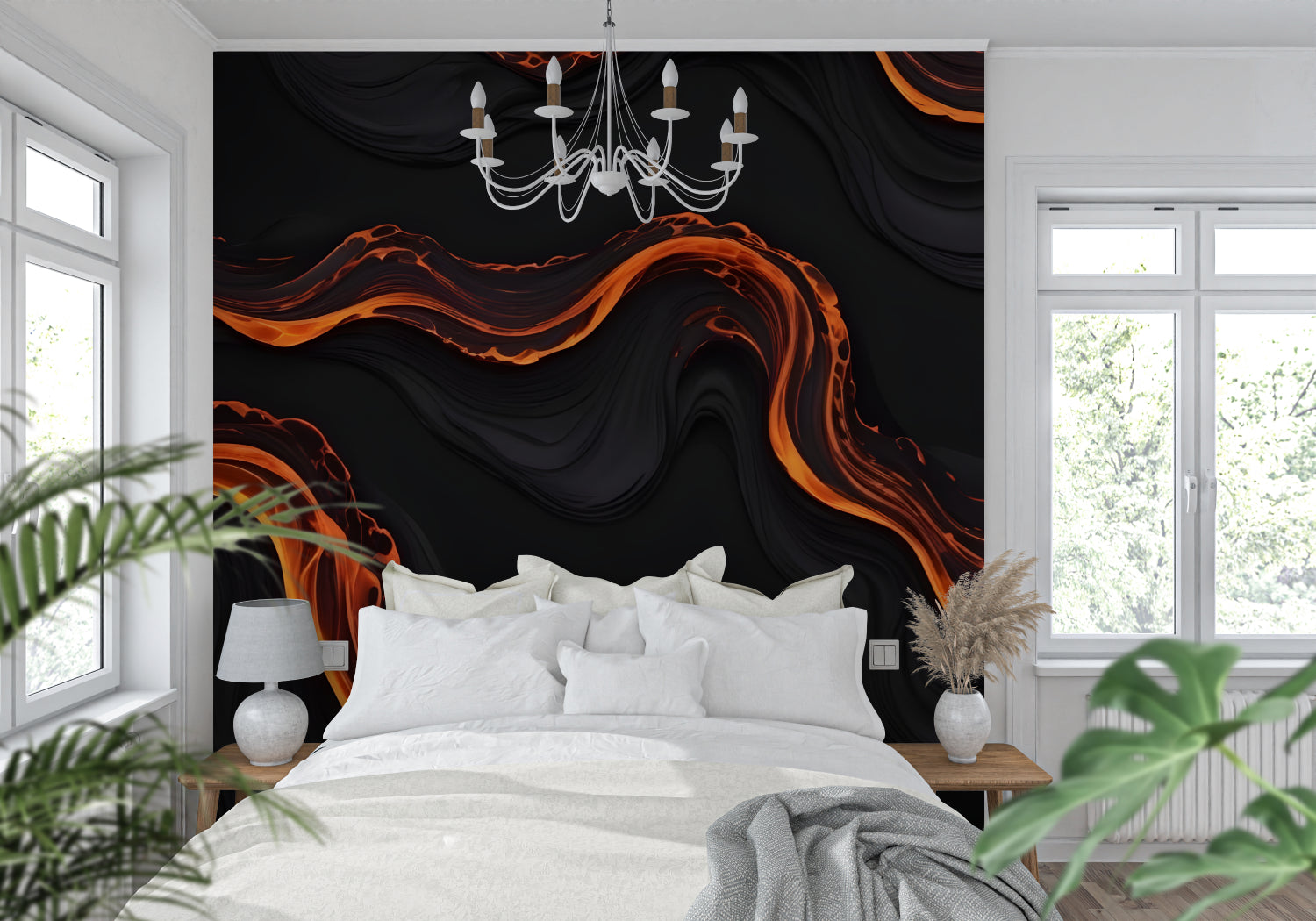 Contemporary dining room with abstract orange wave wall mural