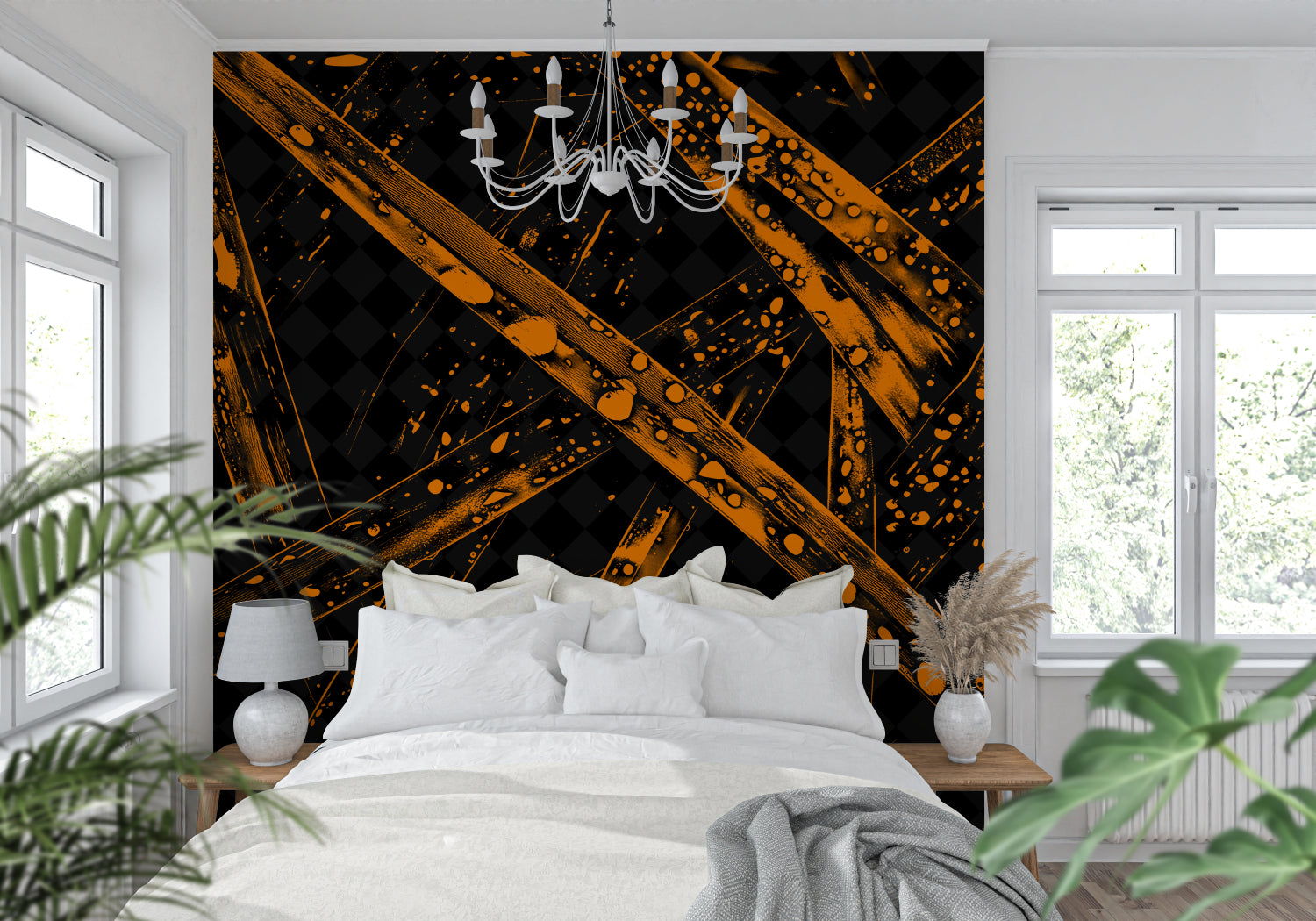 Black and Orange Geometric Wallpaper making a statement in a contemporary office space