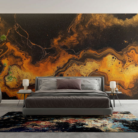 Abstract black and orange wave wallpaper creating a dramatic focal point in a modern living room with minimalist furniture