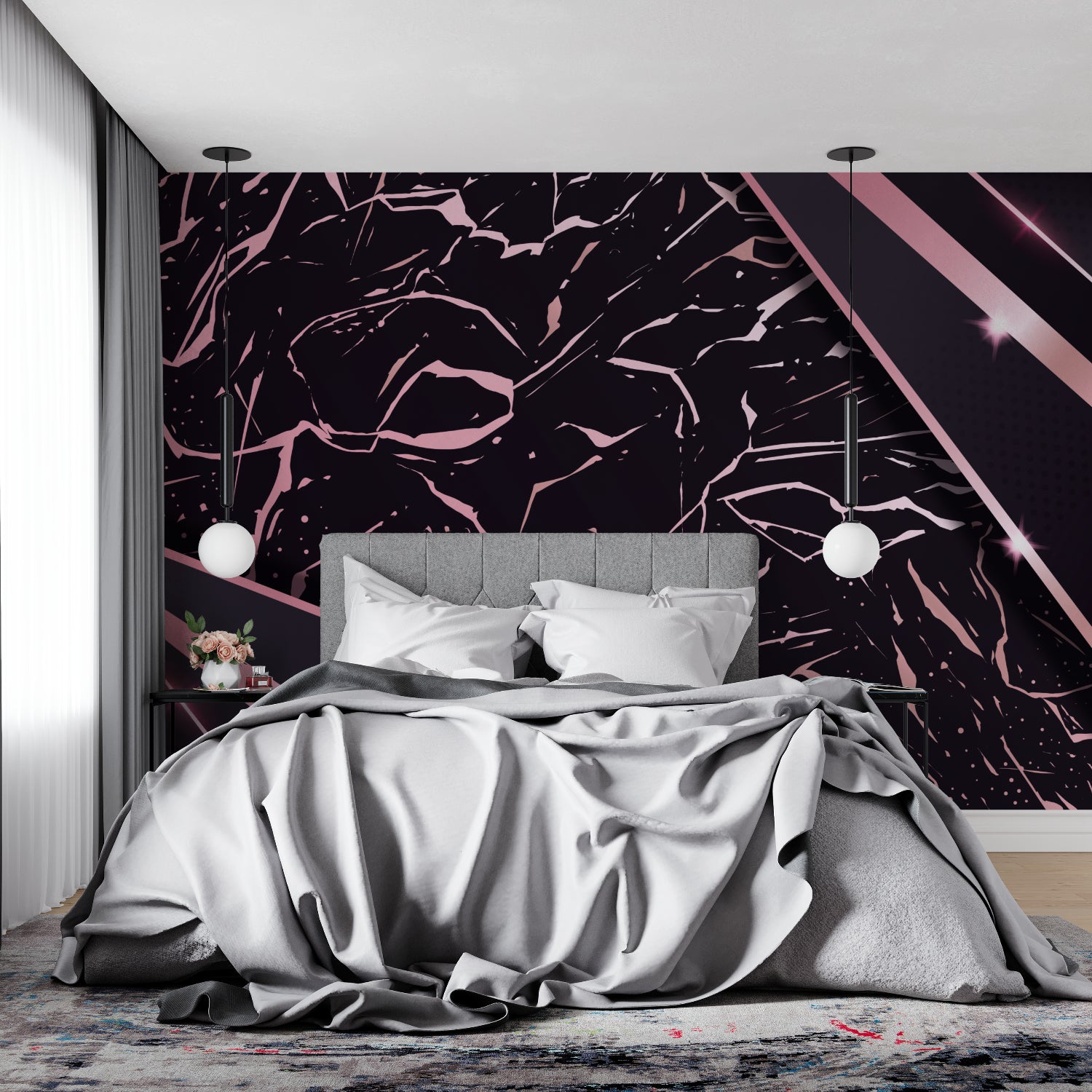 Abstract marble wall mural in pink and black adorning a stylish dining room wall