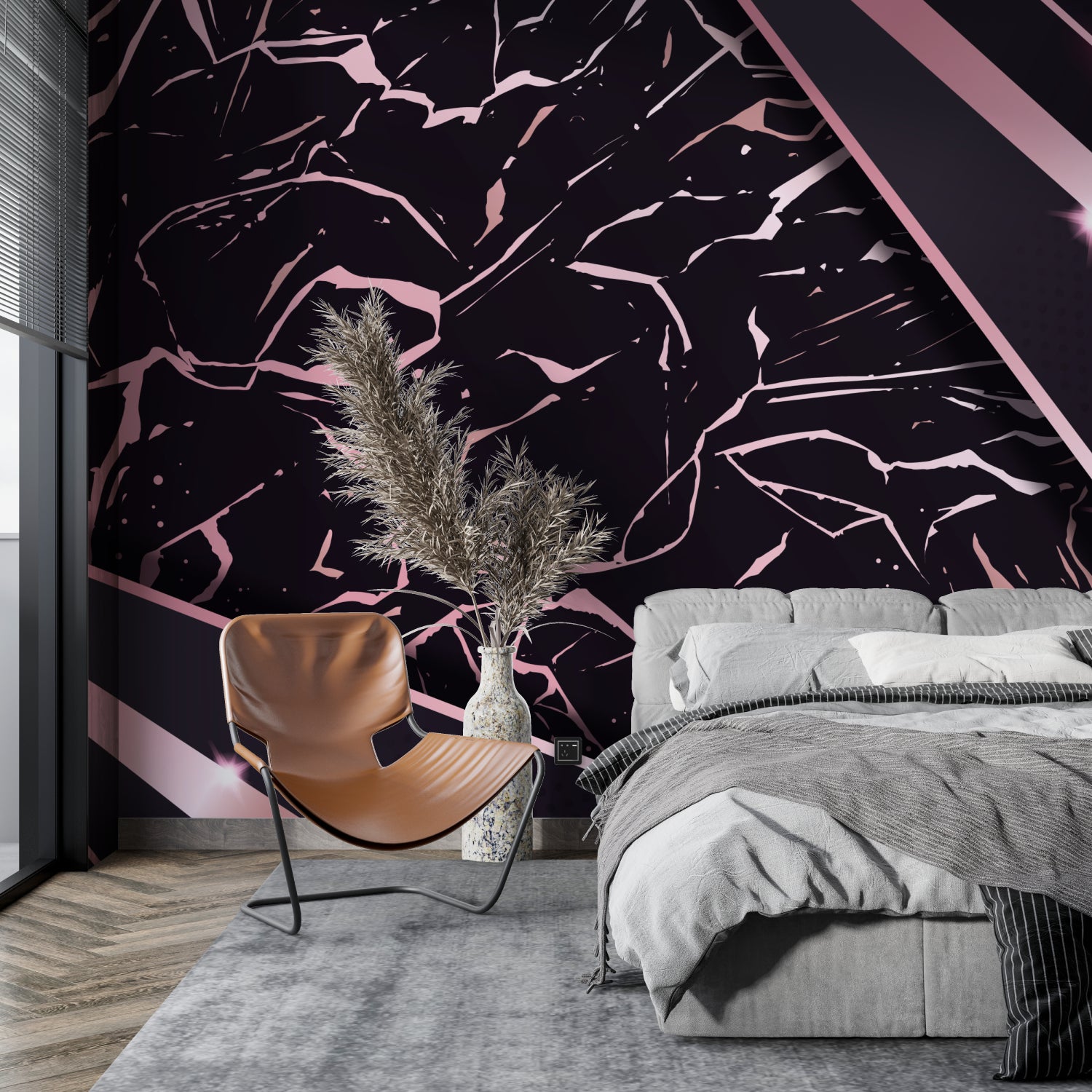 Abstract black and pink wallpaper transforming a modern hallway space