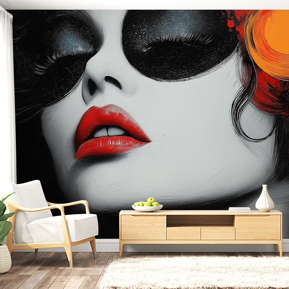 Abstract face art wallpaper creating a dramatic statement wall in a modern living room with minimalist furniture