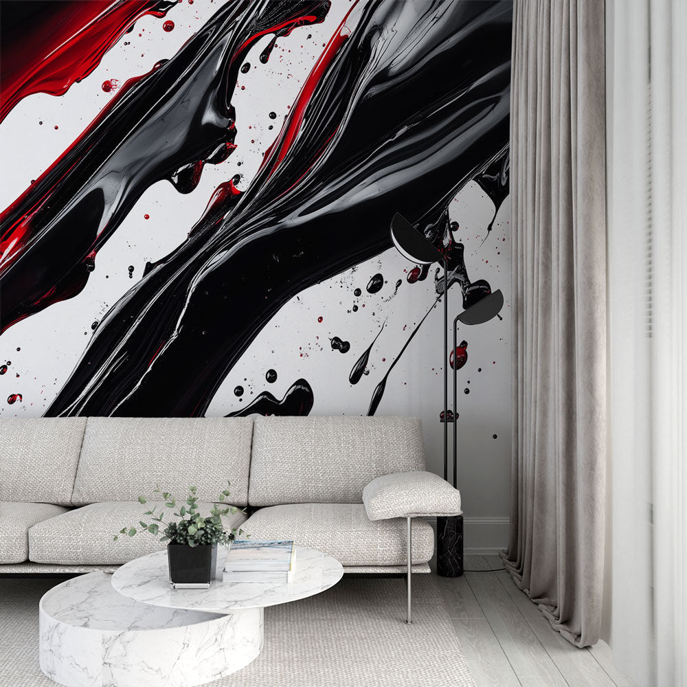 Abstract fluid art wallpaper in striking black and red displayed in a modern minimalist living room with grey furniture