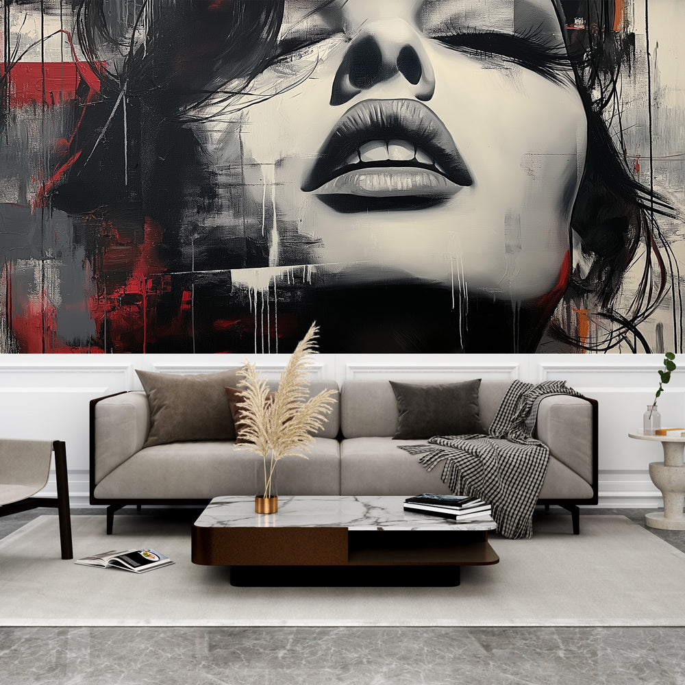 Abstract portrait wallpaper with black and red design shown in a modern living room setting with minimal furniture