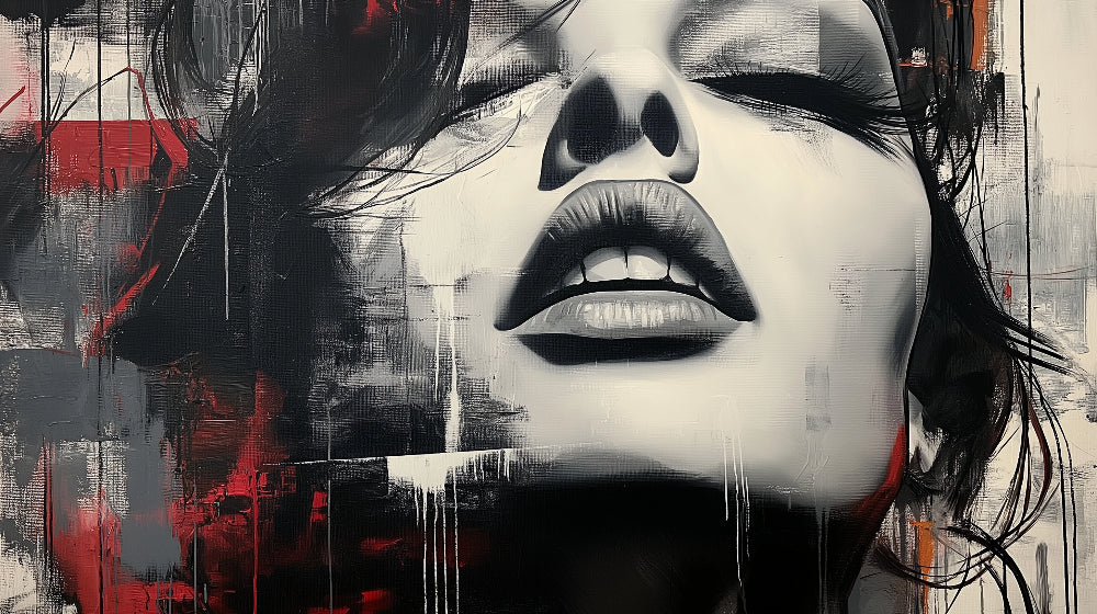 Abstract portrait art design file showing detailed black and red paint strokes and contrasts