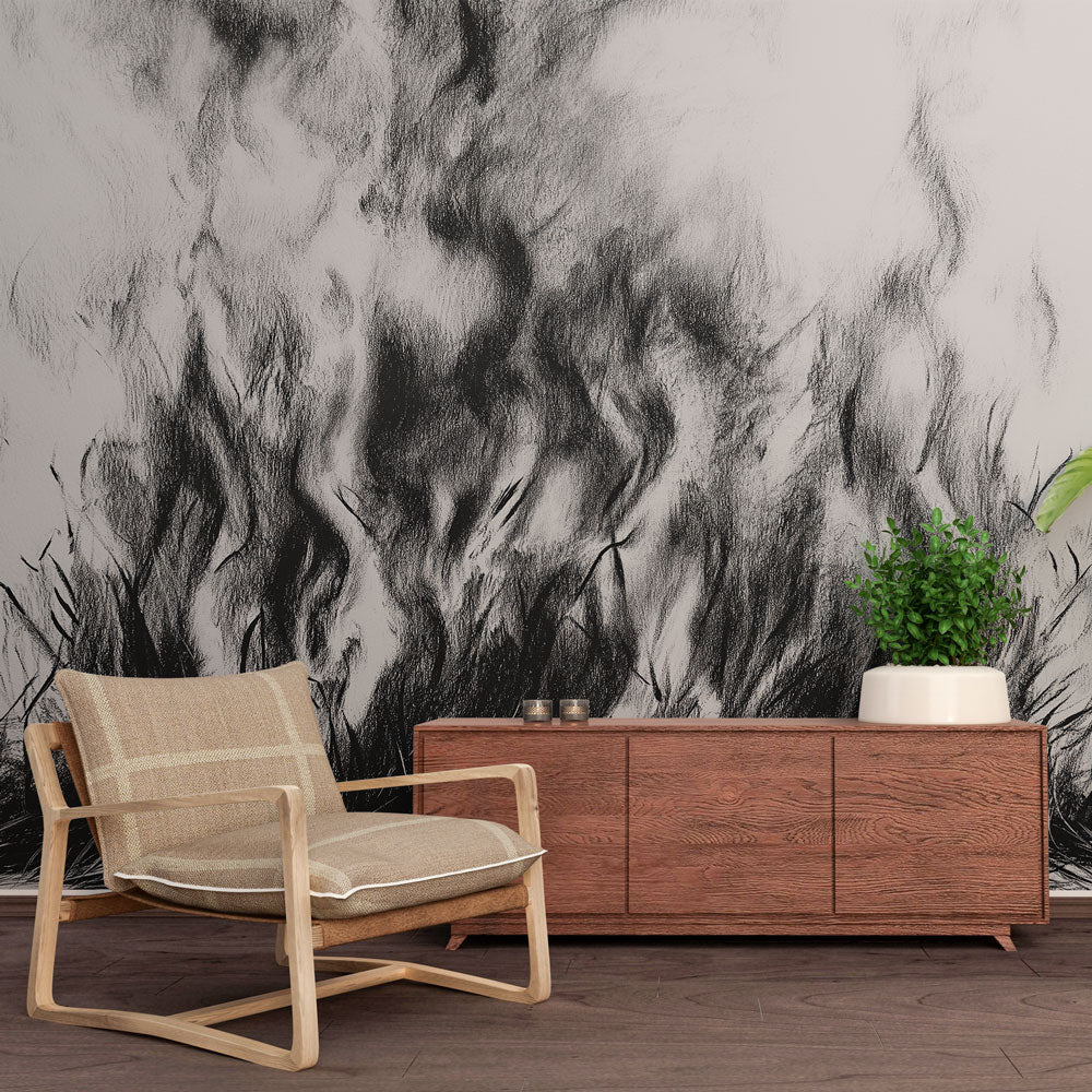 Black and white abstract grass wallpaper creating dramatic impact in a modern minimalist living room with natural lighting