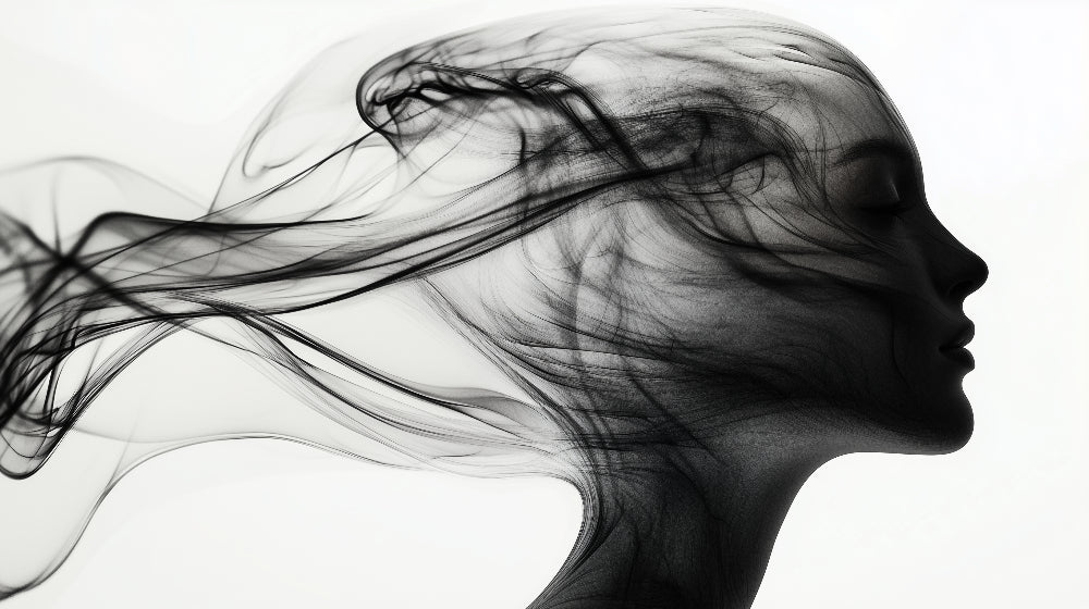 Abstract portrait wallpaper design file showing flowing black and white ethereal pattern