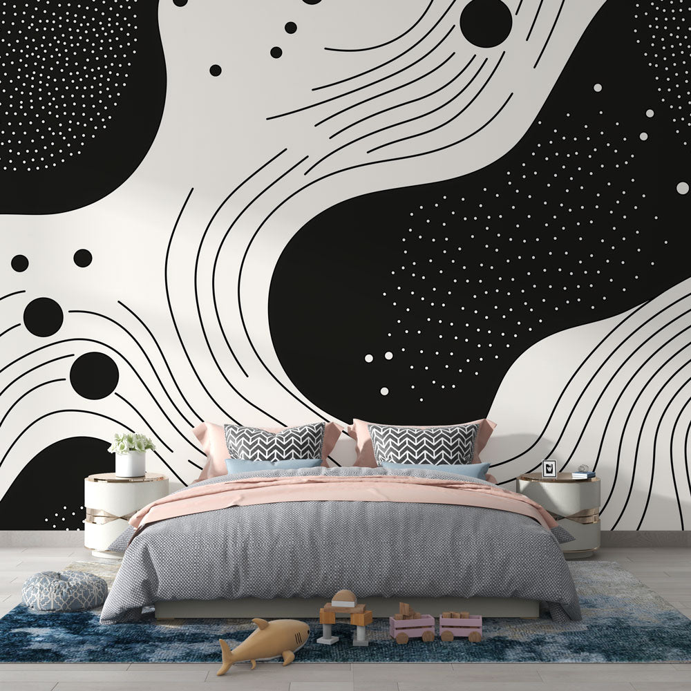 Abstract black and white fluid lines mural wallpaper creating dramatic impact in modern living room setting