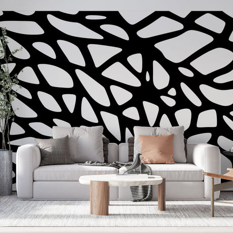 Modern Abstract Geometric Wallpaper creating dramatic impact in a minimalist living room with high ceilings