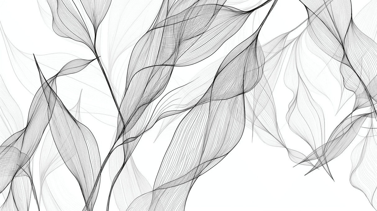 Black and white leaf line art wallpaper creating a modern feel in a bright living room with minimal furniture