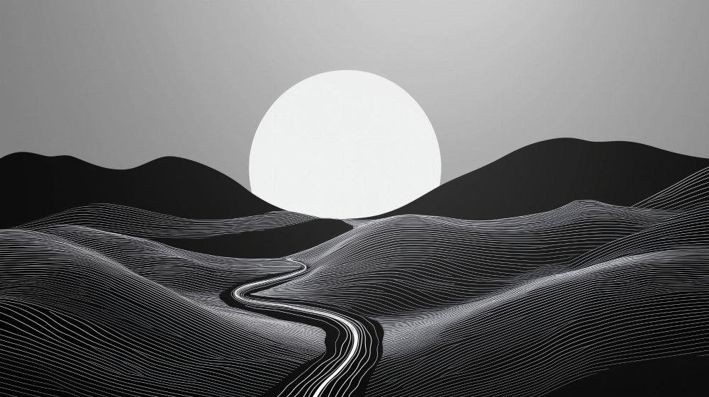 Black and white sunset landscape design file showing fluid line patterns and moon silhouette