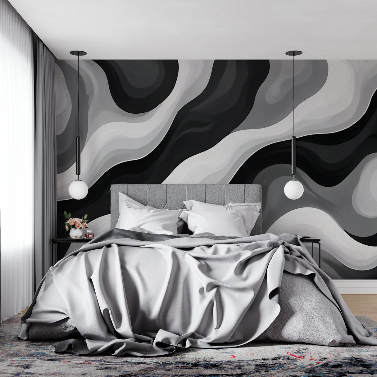Black and white wave mural wallpaper in a modern living room creating dramatic visual impact