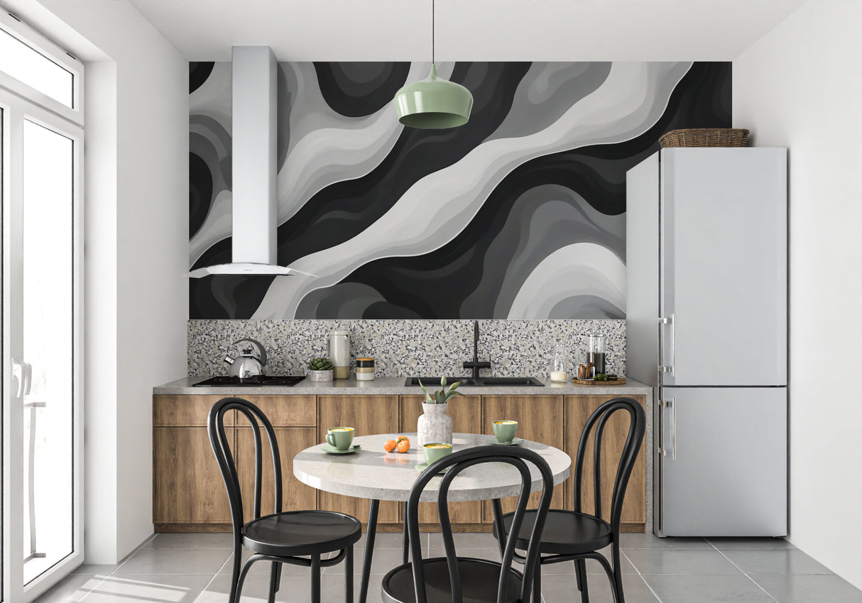 Abstract wave wallpaper featured in a minimalist bedroom showing flowing black patterns