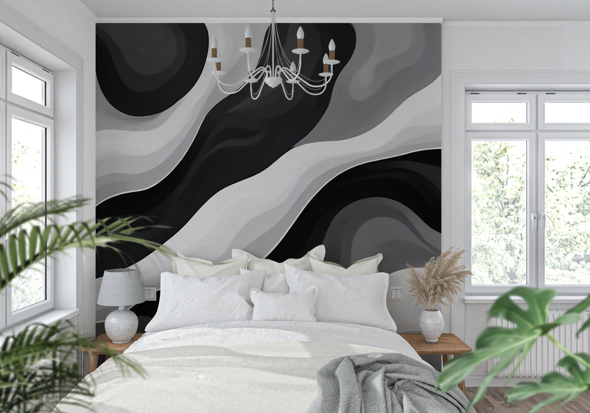 Black wave wall mural bringing movement to a contemporary dining room space