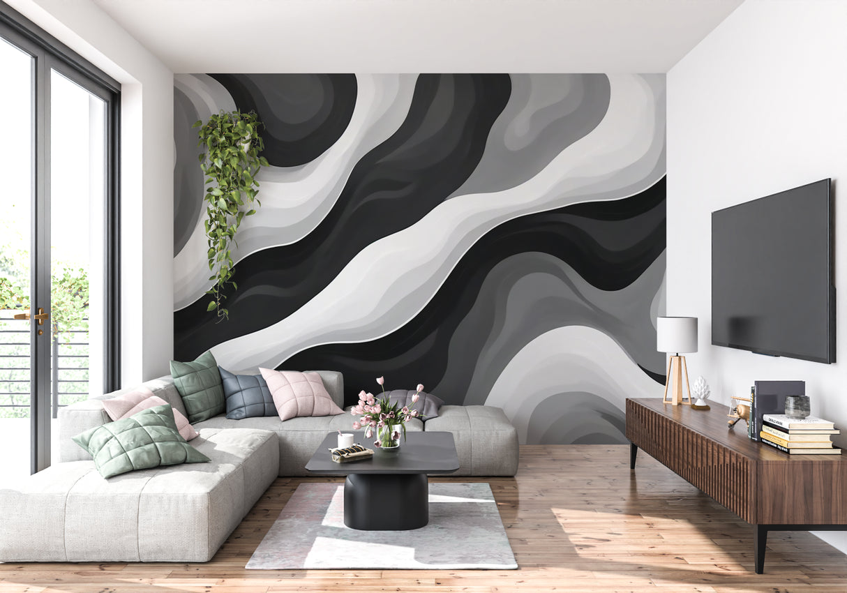Modern office space showcasing black and white abstract wave wallpaper design