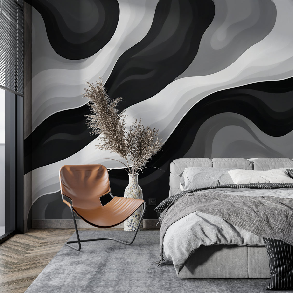 Abstract wave mural creating depth in a modern hallway with natural lighting