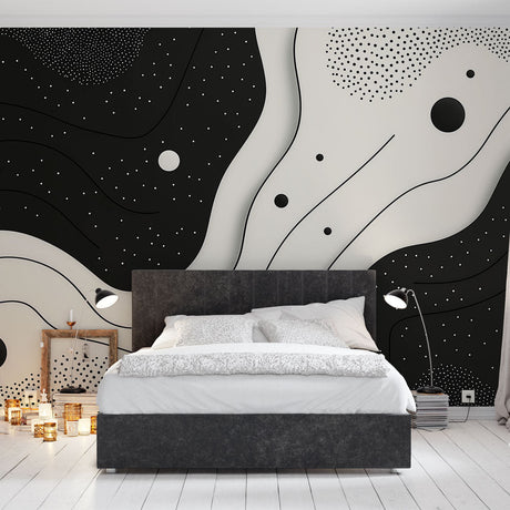 Modern abstract wave wallpaper with stars creating a stunning feature wall in a minimalist living room