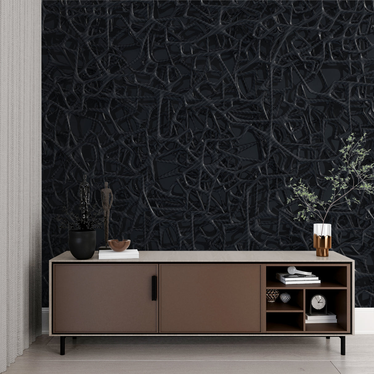Black crocodile textured wallpaper in a modern living room setting with minimalist furniture