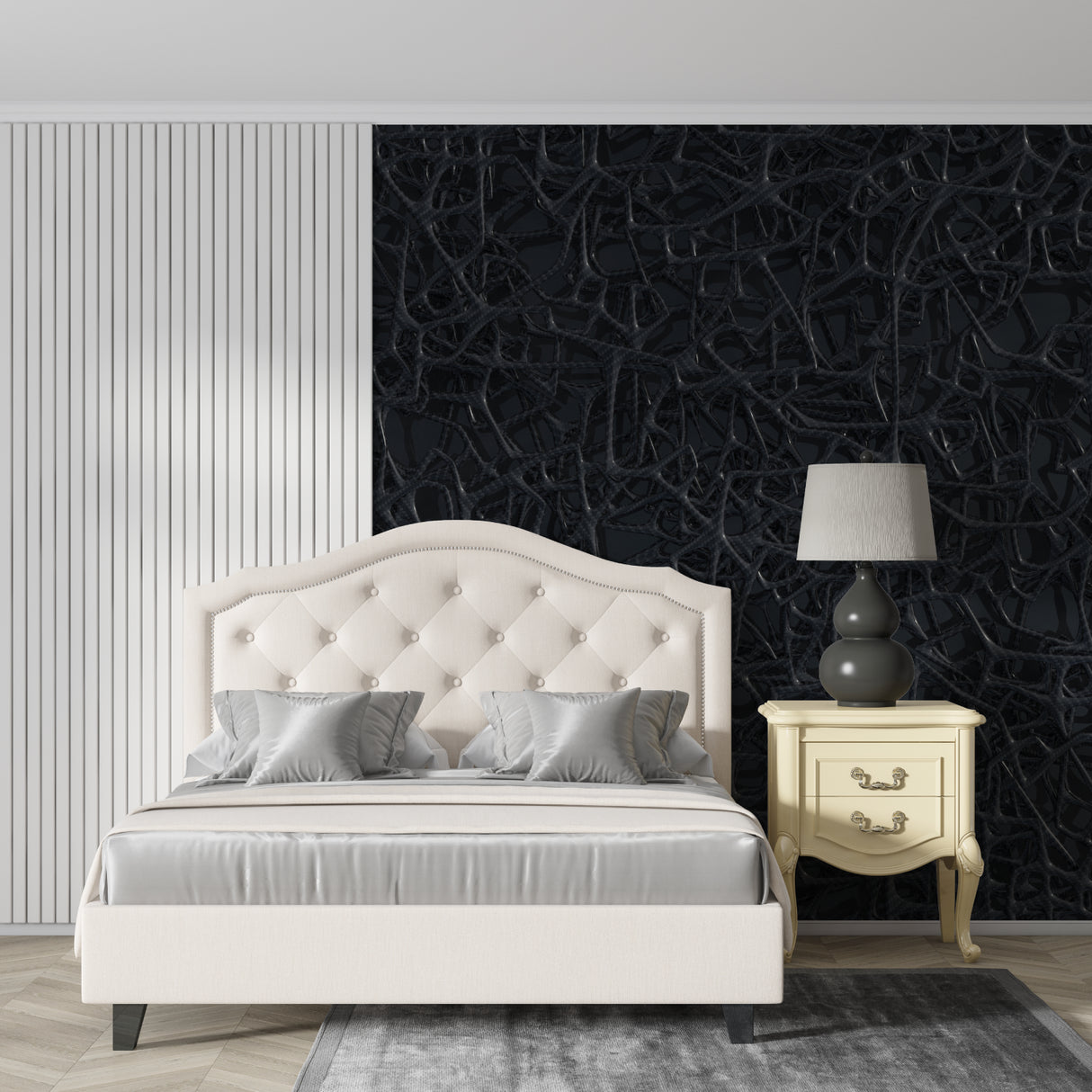 Textured black wallpaper creating drama in a luxury hotel lobby