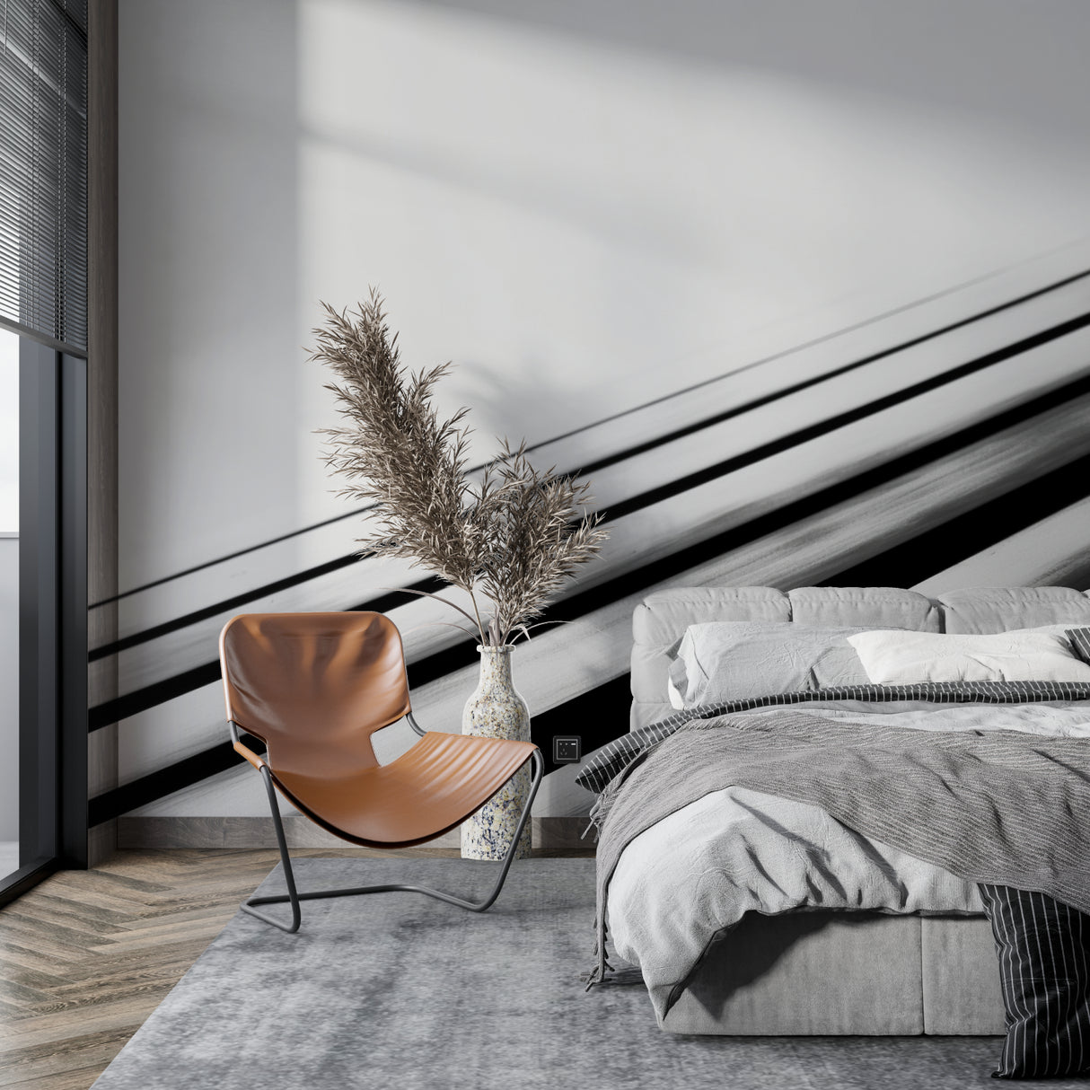 Modern living room featuring Abstract Black Diagonal Lines Wallpaper creating depth behind grey sofa