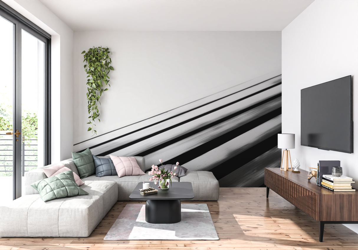 Home office with Black Diagonal Lines Wallpaper making a bold statement wall