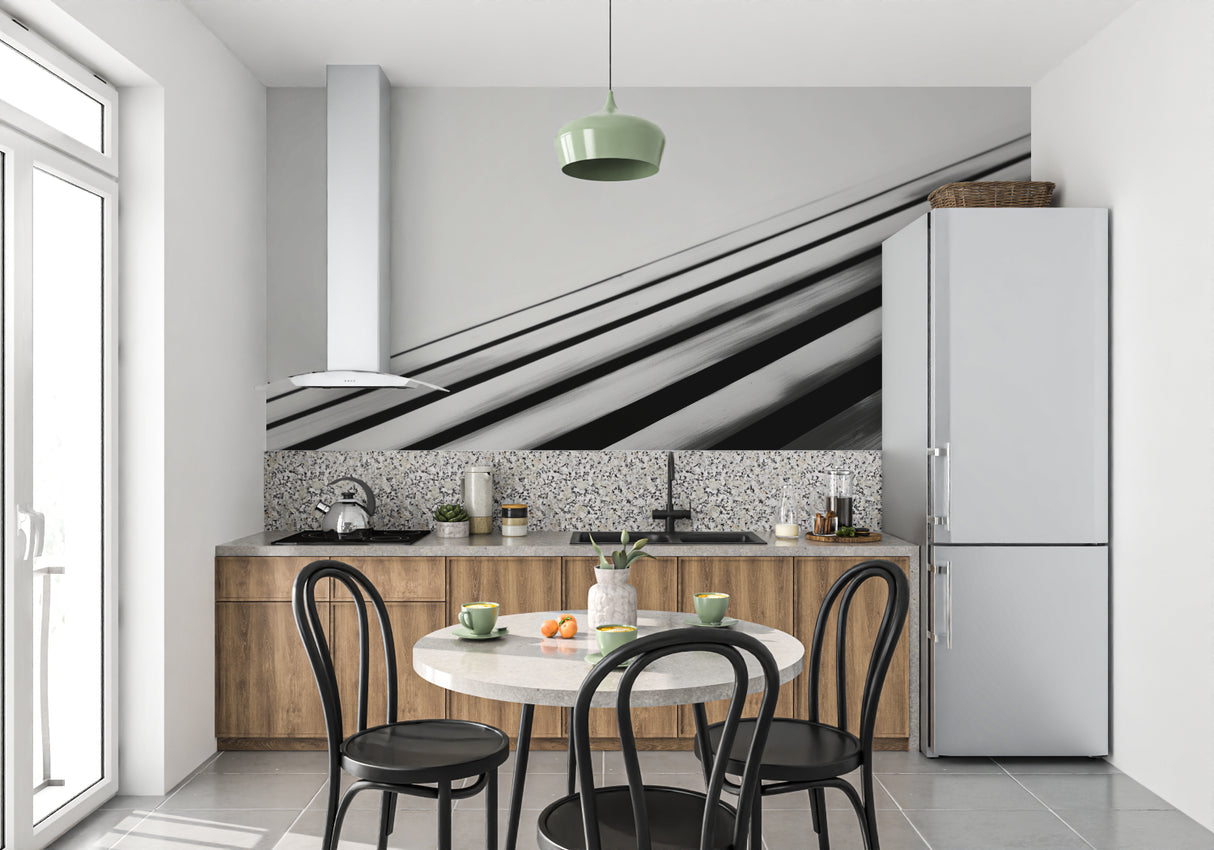 Contemporary bedroom with Black and White Diagonal Lines Wallpaper as headboard wall