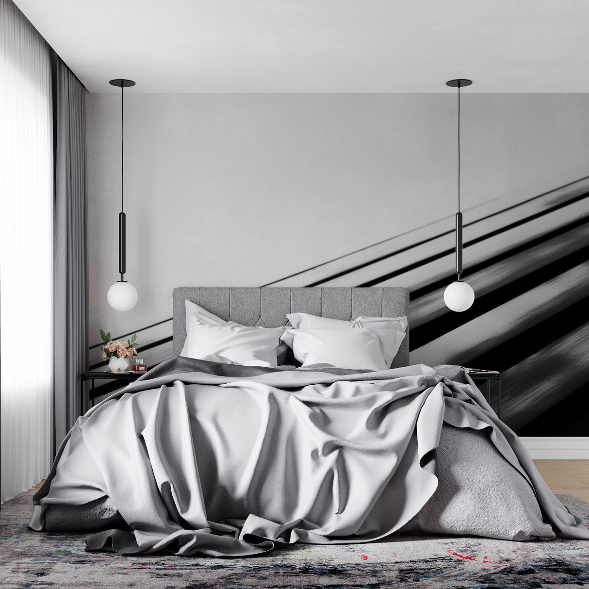 Minimalist hallway with Geometric Line Wallpaper creating visual movement